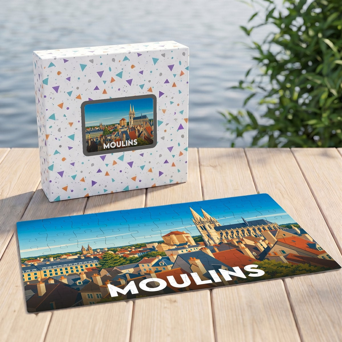 Puzzle souvenir de la ville de Moulins avec une illustration stylisée de son architecture.