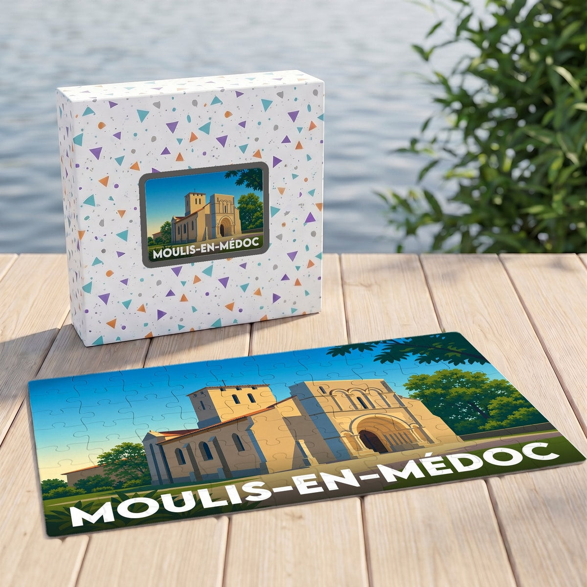 Puzzle souvenir de la ville de Moulis-en-Médoc avec une illustration stylisée de son église romane.