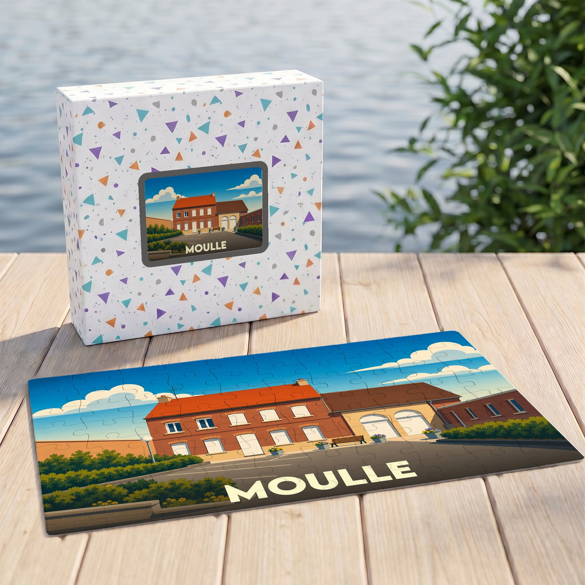 Puzzle souvenir de la ville de Moulle avec une illustration stylisée d'un bâtiment en briques rouges.
