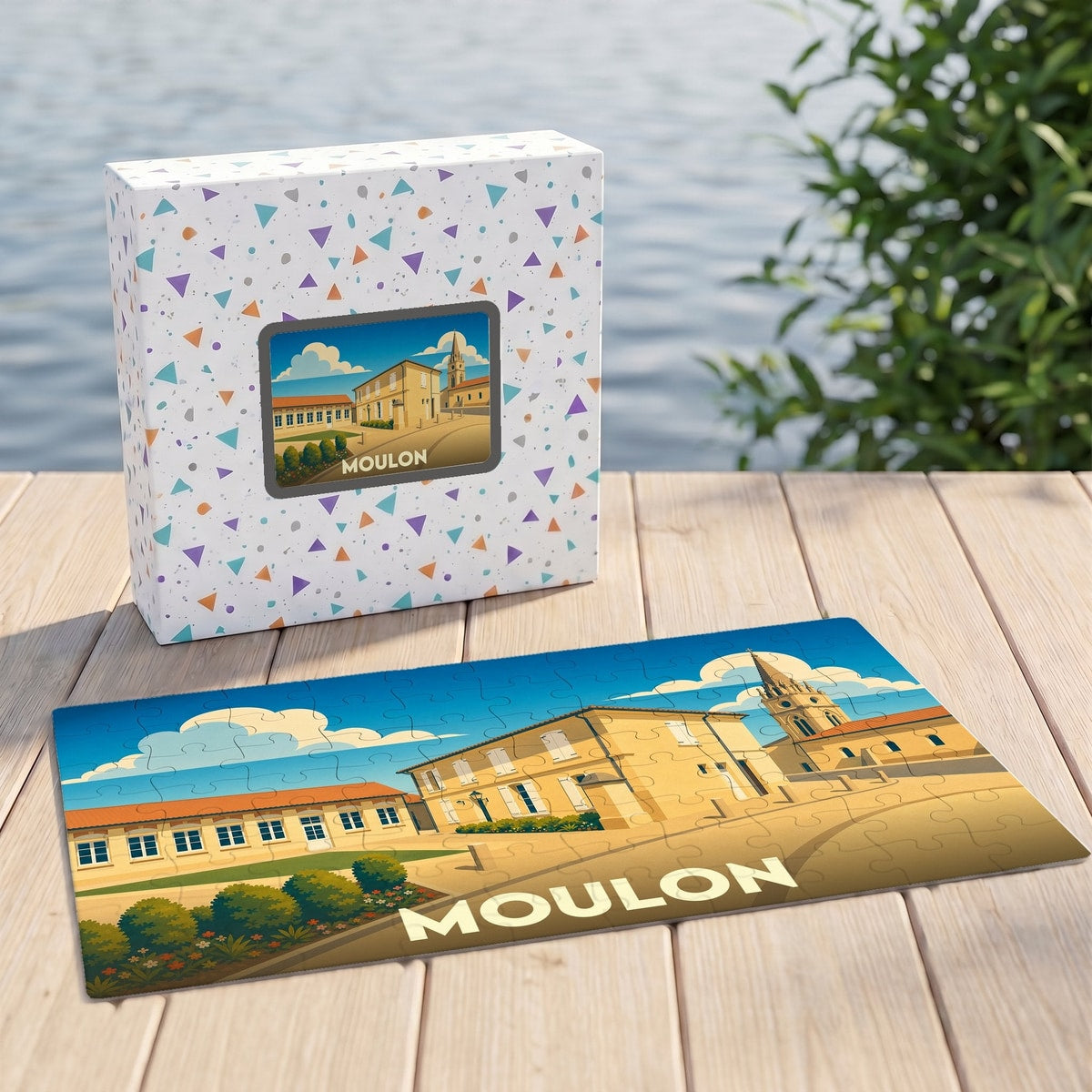 Puzzle souvenir de la ville de Moulon illustrant un paysage urbain ensoleillé et coloré.