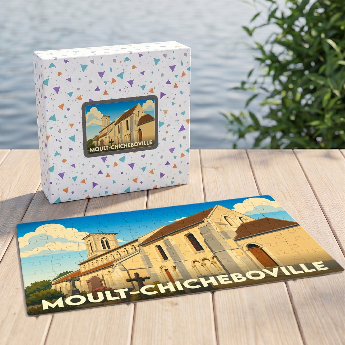 Puzzle souvenir de la commune de Moult-Chicheboville illustrant son église dans un style graphique épuré.