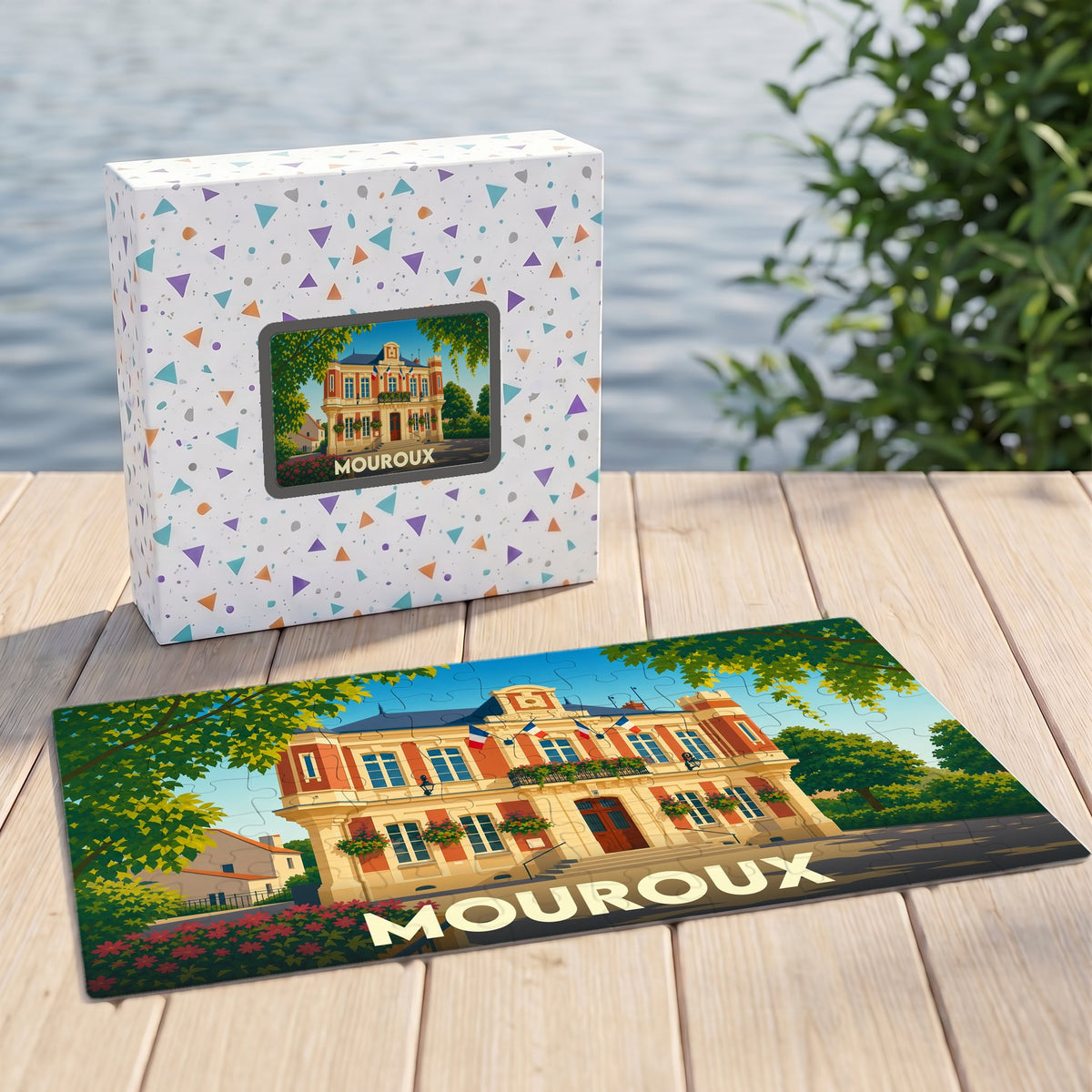 Puzzle souvenir de la ville de Mouroux avec une illustration stylisée de sa mairie.