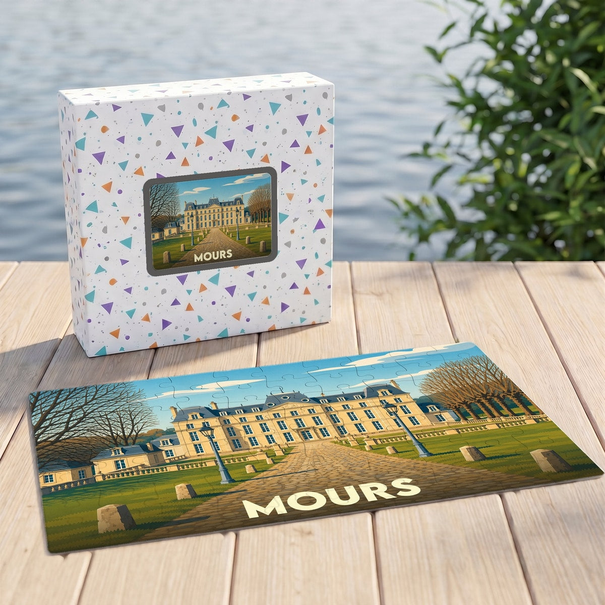 Puzzle souvenir de la ville de Mours avec une illustration stylisée d'un château sur sa boîte et assemblé.