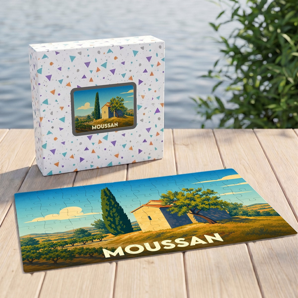 Puzzle souvenir de la ville de Moussan avec une illustration paysagère stylisée.