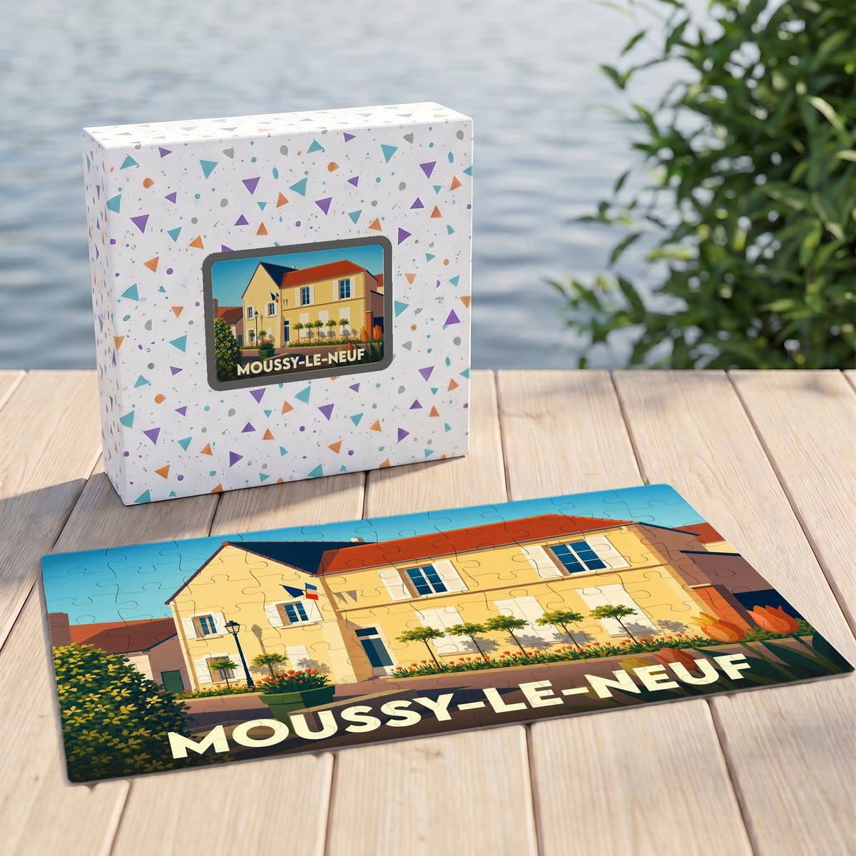 Puzzle souvenir de la ville de Moussy-le-Neuf avec une illustration stylisée d'un bâtiment communal.