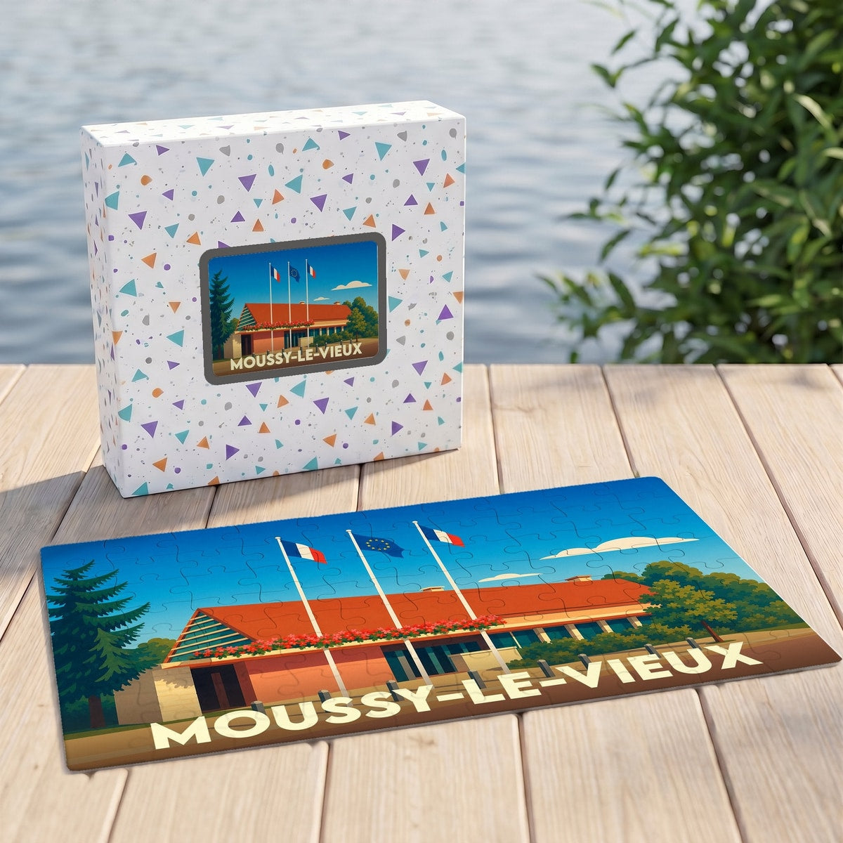 Puzzle souvenir de la ville de Moussy-le-Vieux avec une illustration stylisée et colorée.