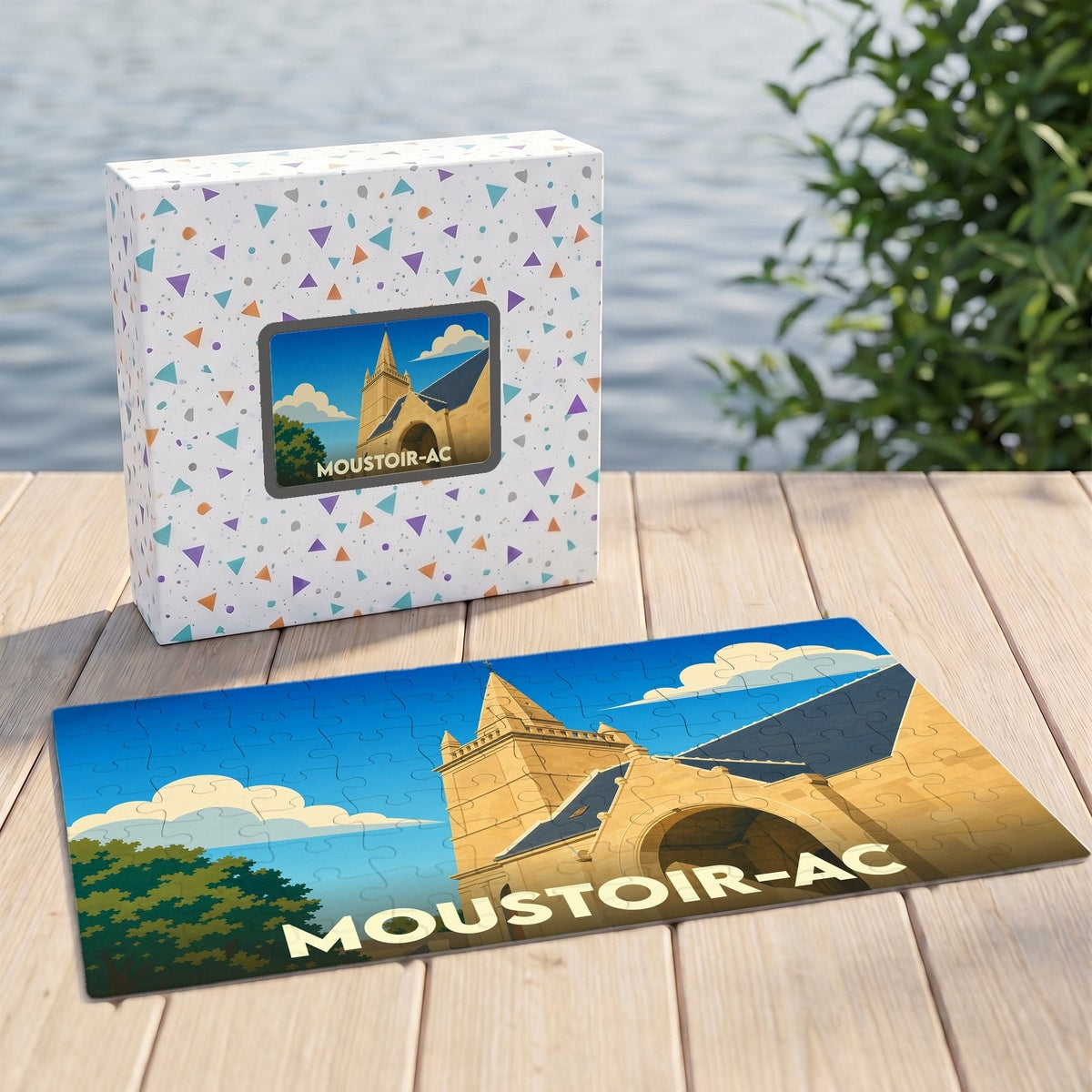 Puzzle souvenir de la ville de Moustoir-Ac avec une illustration stylisée d'une église sous un ciel bleu.