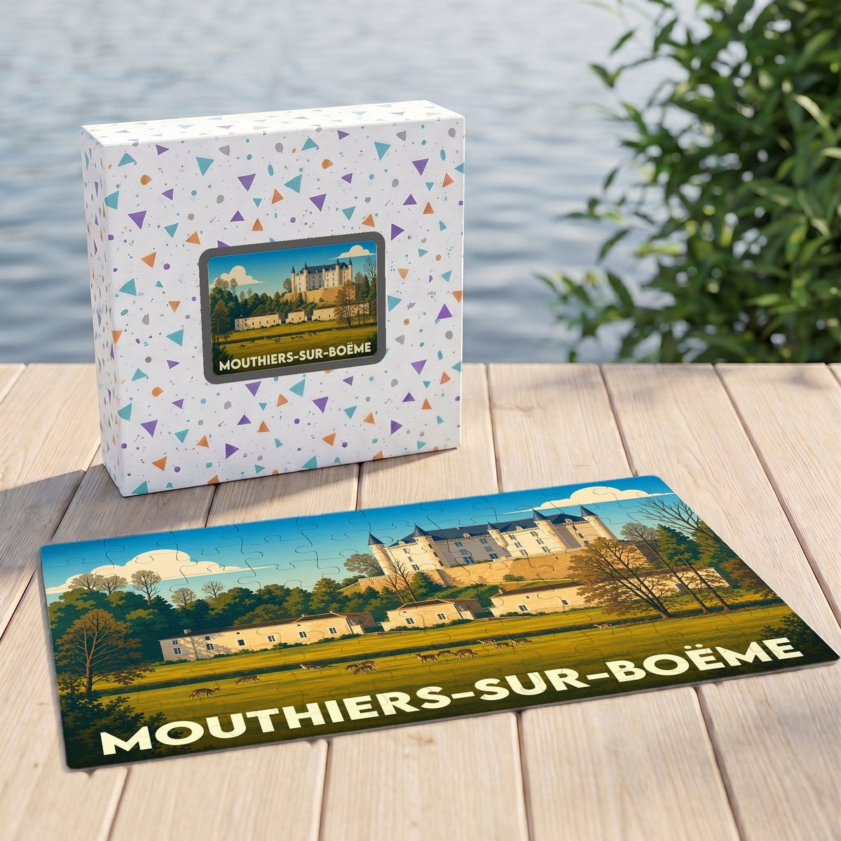 Puzzle souvenir de la ville de Mouthiers-sur-Boëme représentant un château dans un paysage illustré.