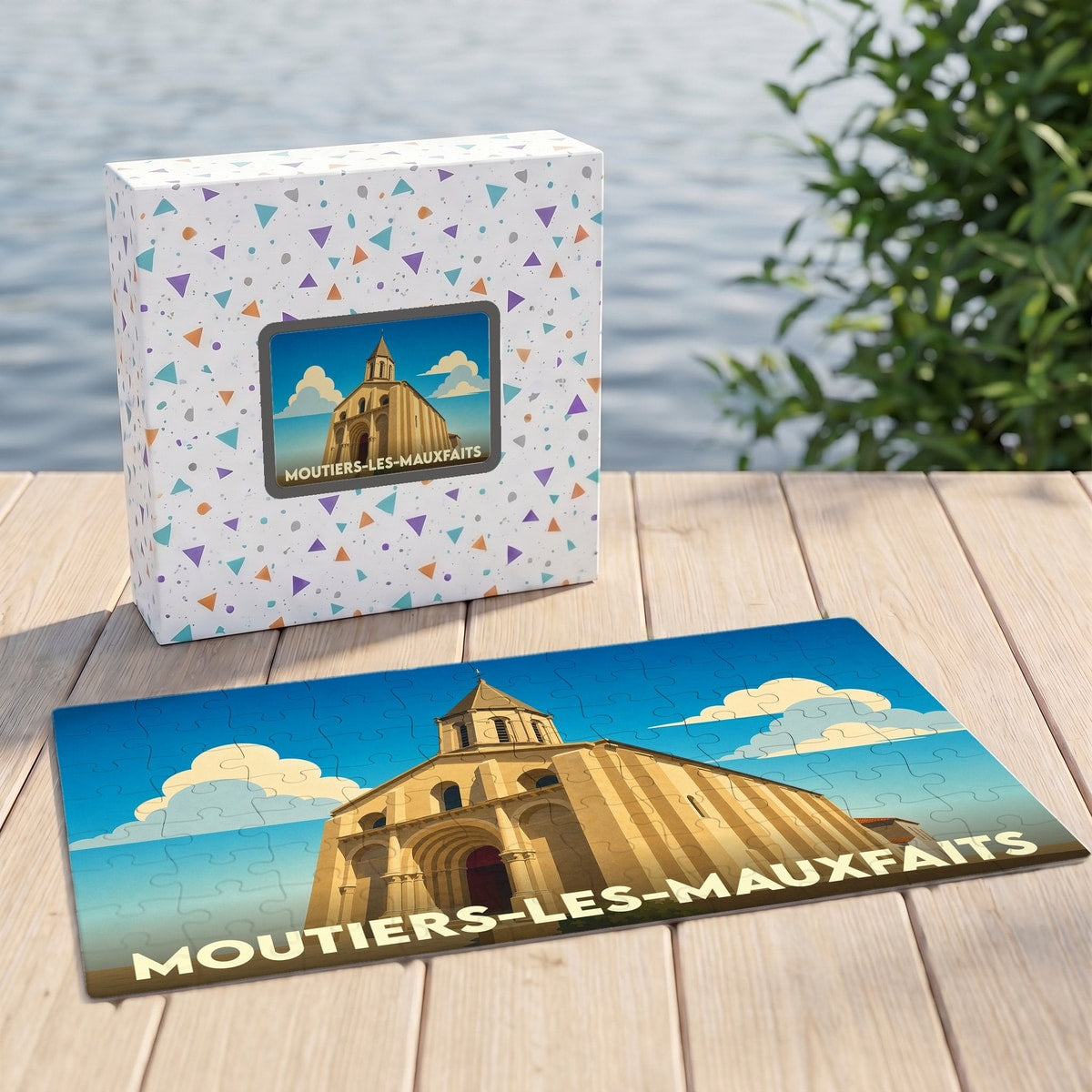 Puzzle souvenir de la ville de Moutiers-les-Mauxfaits avec une illustration stylisée de son église romane.