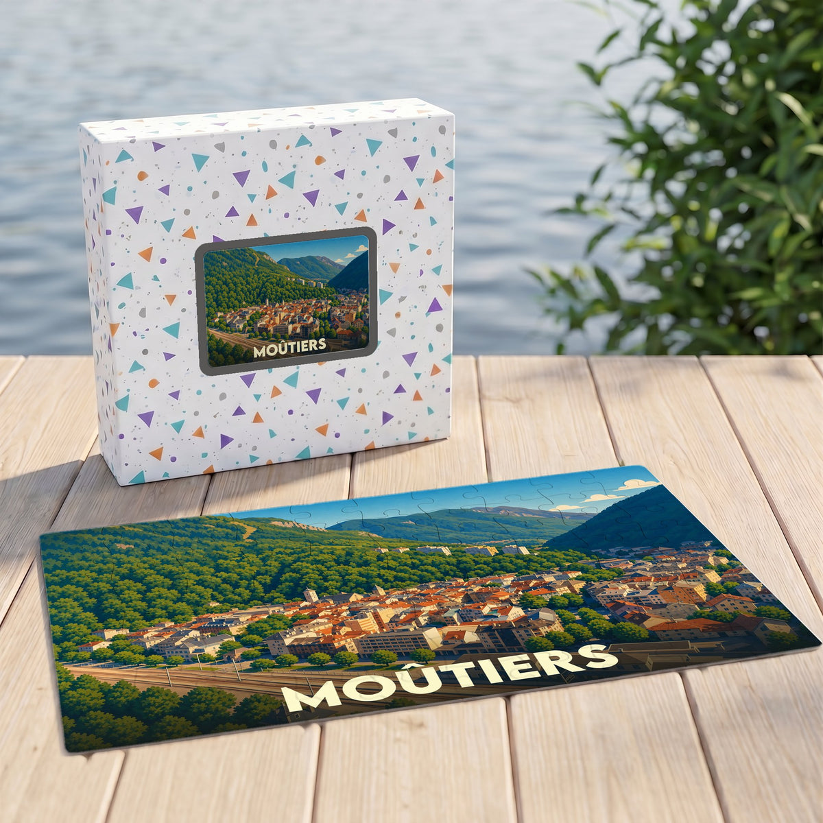 Puzzle souvenir de la ville de Moûtiers présentant une illustration panoramique de la ville nichée dans les montagnes.
