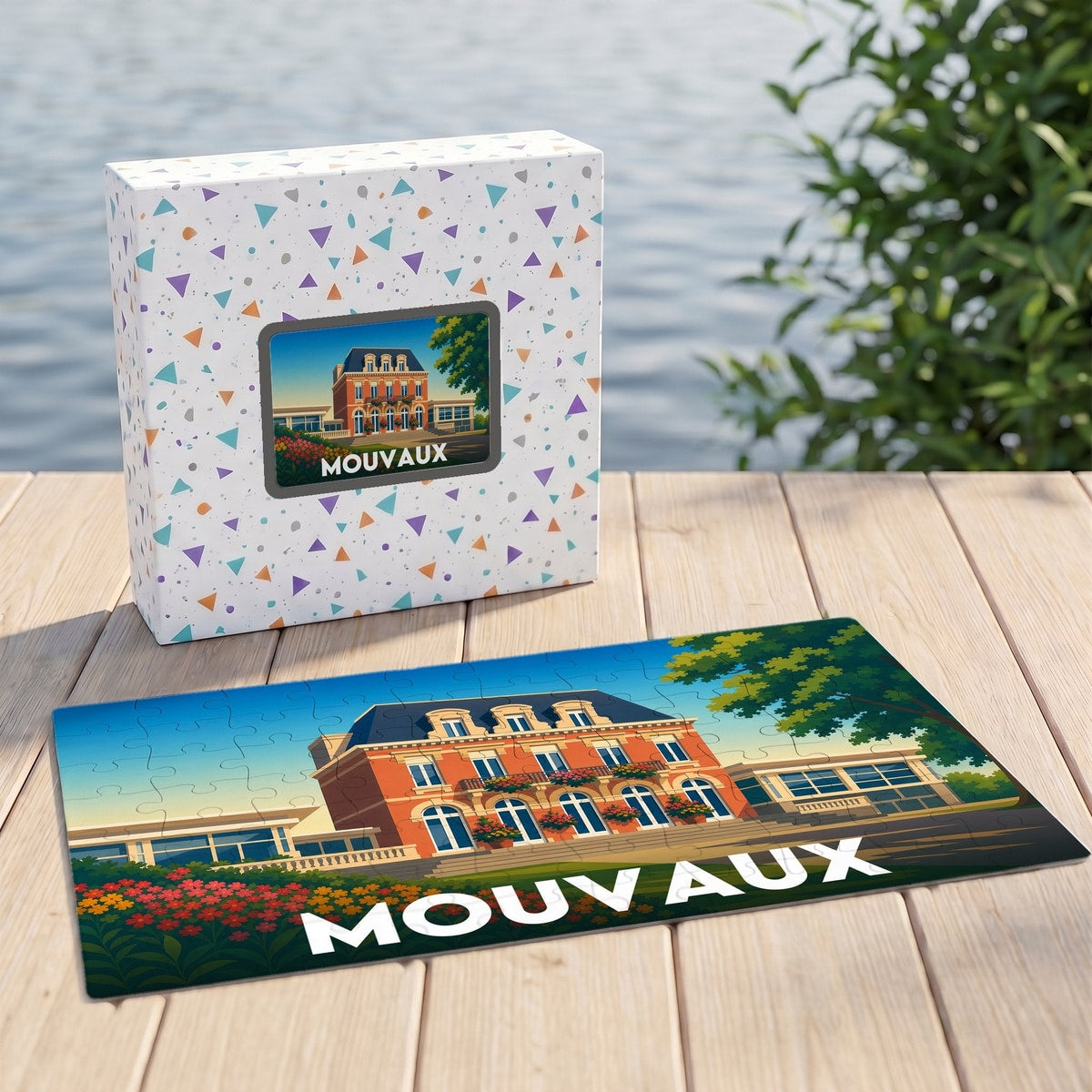 Puzzle souvenir de la ville de Mouvaux avec une illustration stylisée d'un bâtiment historique.