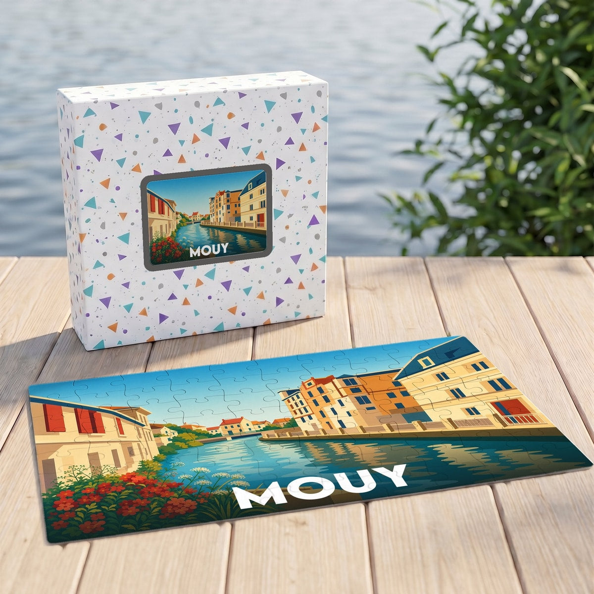 Puzzle souvenir de la ville de Mouy avec une illustration stylisée de ses canaux.