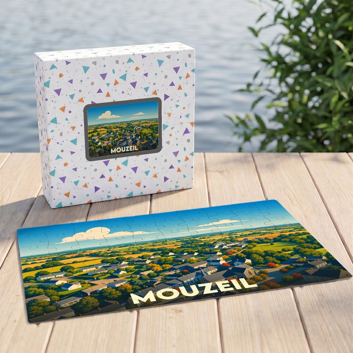 Puzzle souvenir de la ville de Mouzeil avec une illustration paysagère stylisée.