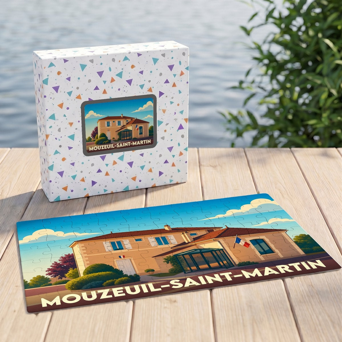 Puzzle souvenir de la ville de Mouzeuil-Saint-Martin avec une illustration stylisée.