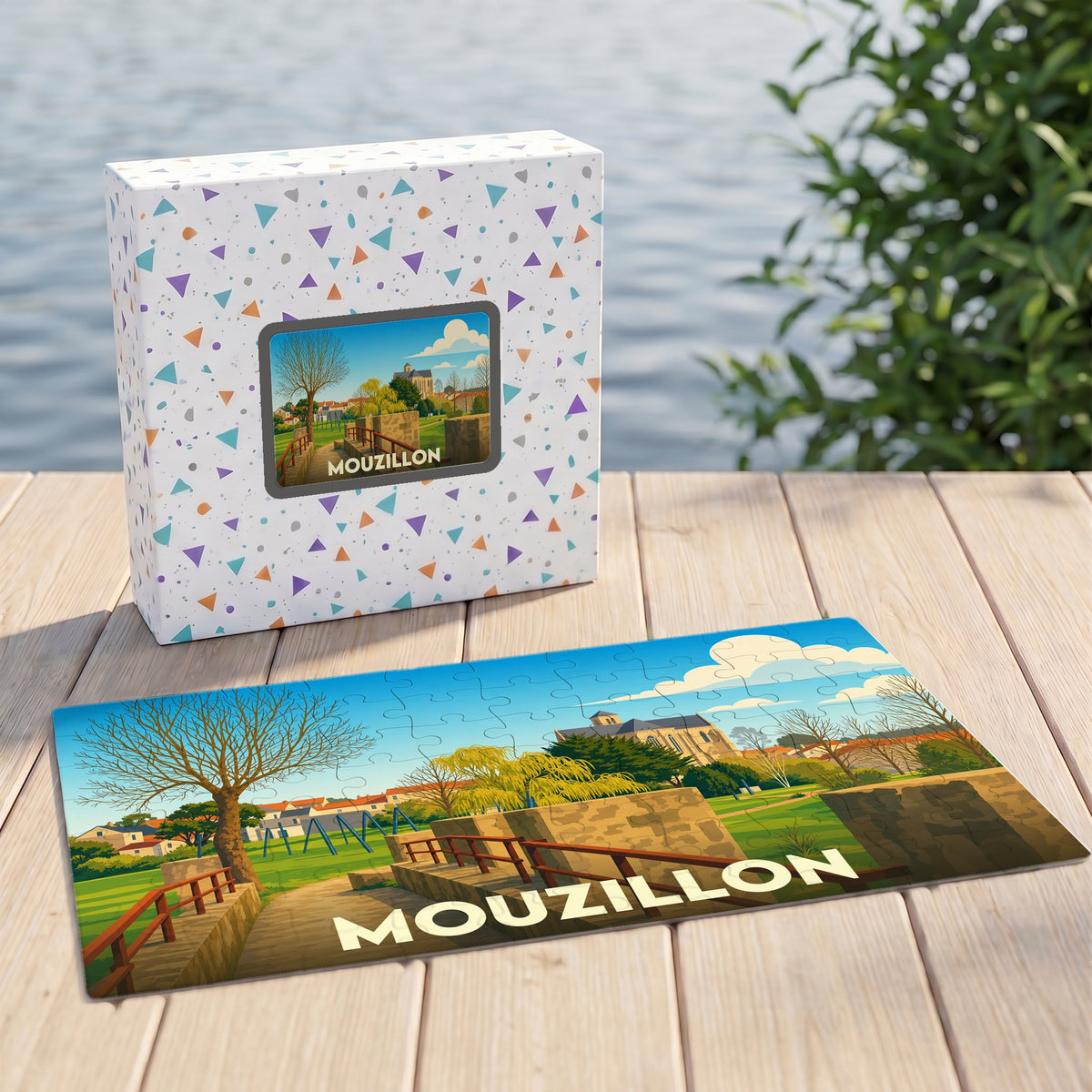 Puzzle souvenir de la ville de Mouzillon avec une illustration stylisée et colorée.