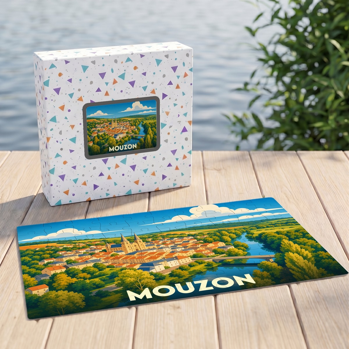 Puzzle souvenir de la ville de Mouzon avec une illustration stylisée de son paysage urbain et de sa rivière.