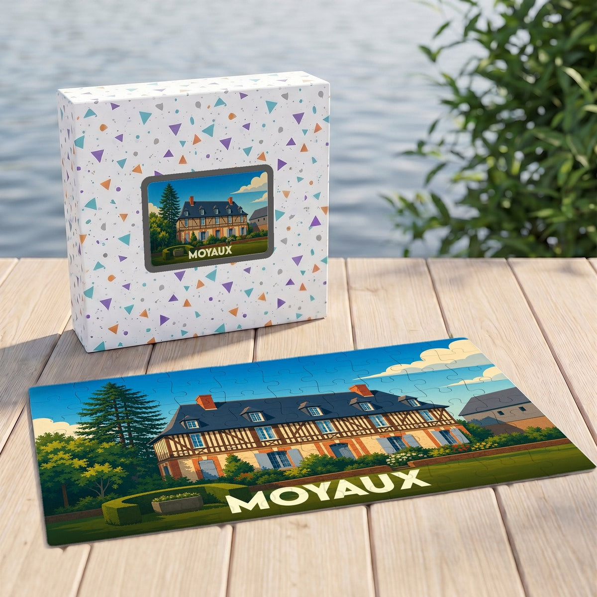 Puzzle souvenir de la ville de Moyaux avec une illustration stylisée d'un manoir normand.