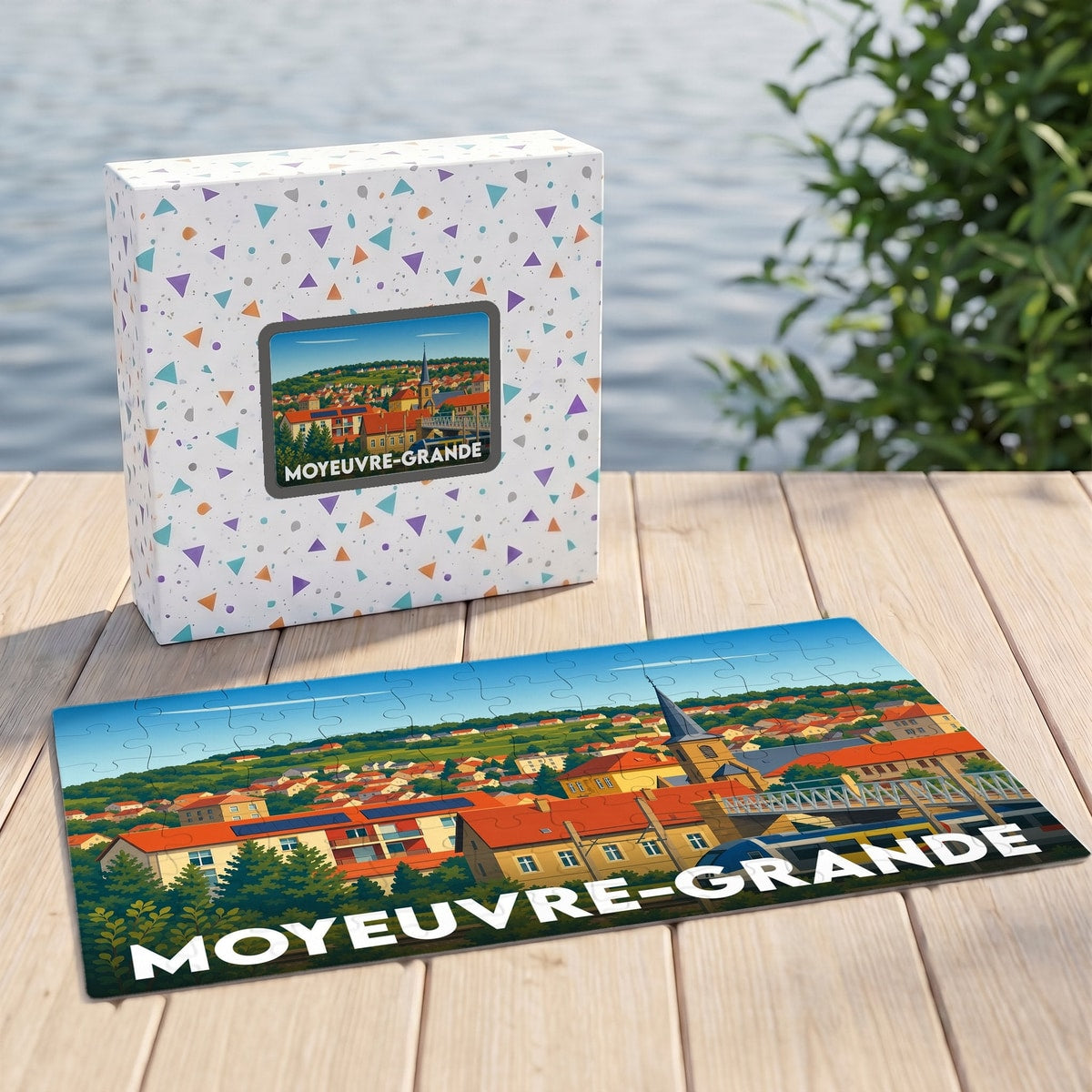 Puzzle souvenir de la ville de Moyeuvre-Grande avec une illustration panoramique stylisée.