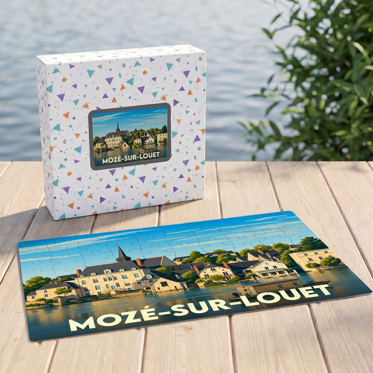 Puzzle souvenir de la ville de Mozé-sur-Louet représentant une illustration stylisée de ses bords de l'eau.