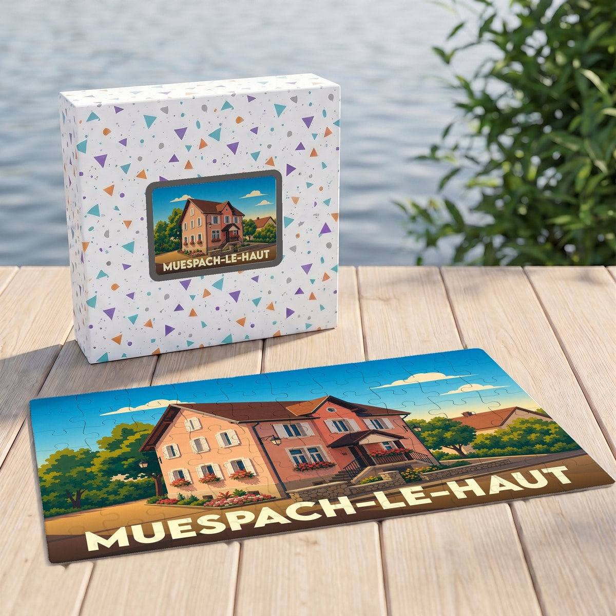 Puzzle souvenir de la ville de Muespach-le-Haut avec une illustration stylisée d'une maison alsacienne.
