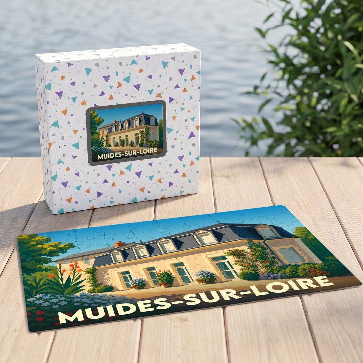 Puzzle souvenir de la ville de Muides-sur-Loire avec une illustration stylisée d'une demeure bourgeoise.