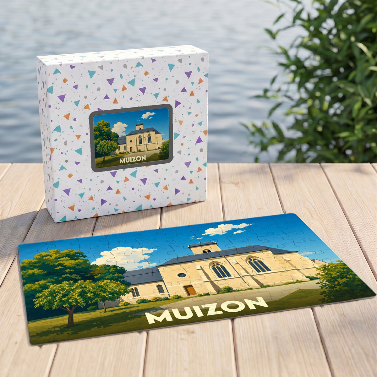 Puzzle souvenir de la ville de Muizon avec une illustration stylisée.