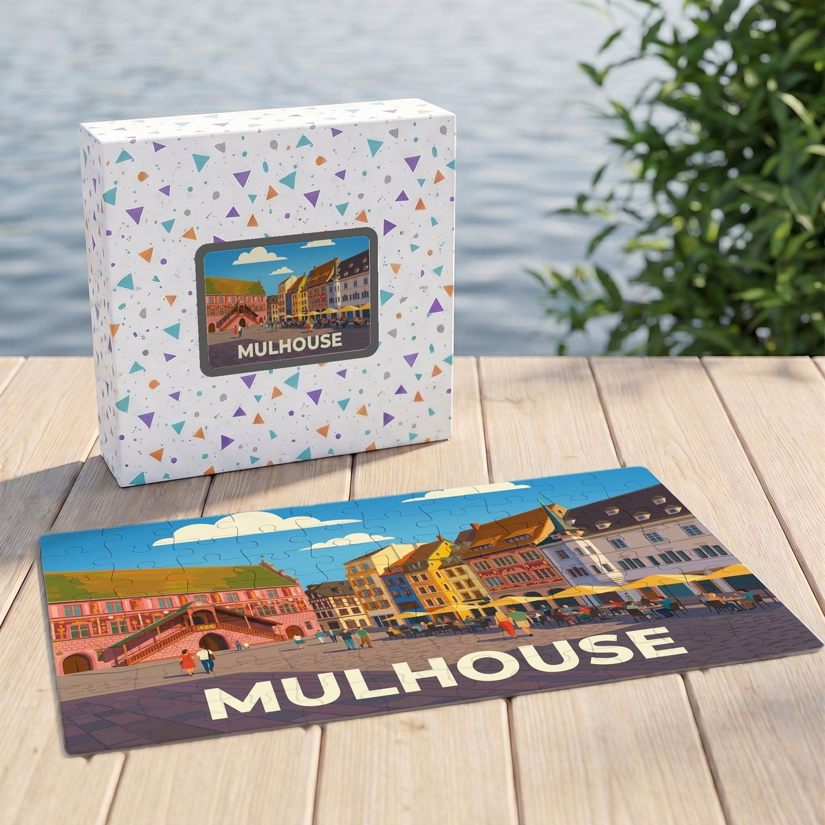 Puzzle souvenir de la ville de Mulhouse avec une illustration stylisée de sa place historique.