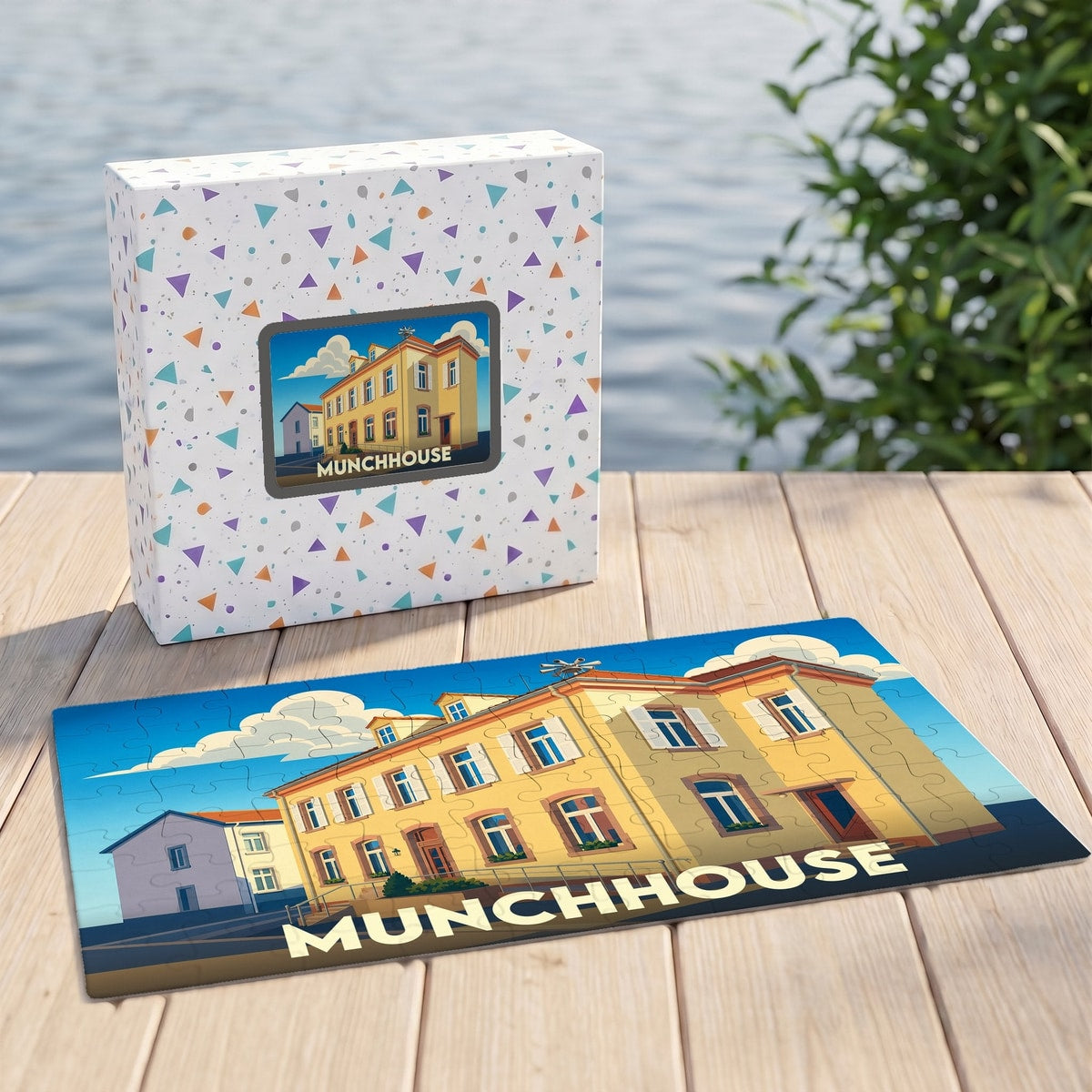 Puzzle souvenir de la ville de Munchhouse illustré d'un bâtiment stylisé.