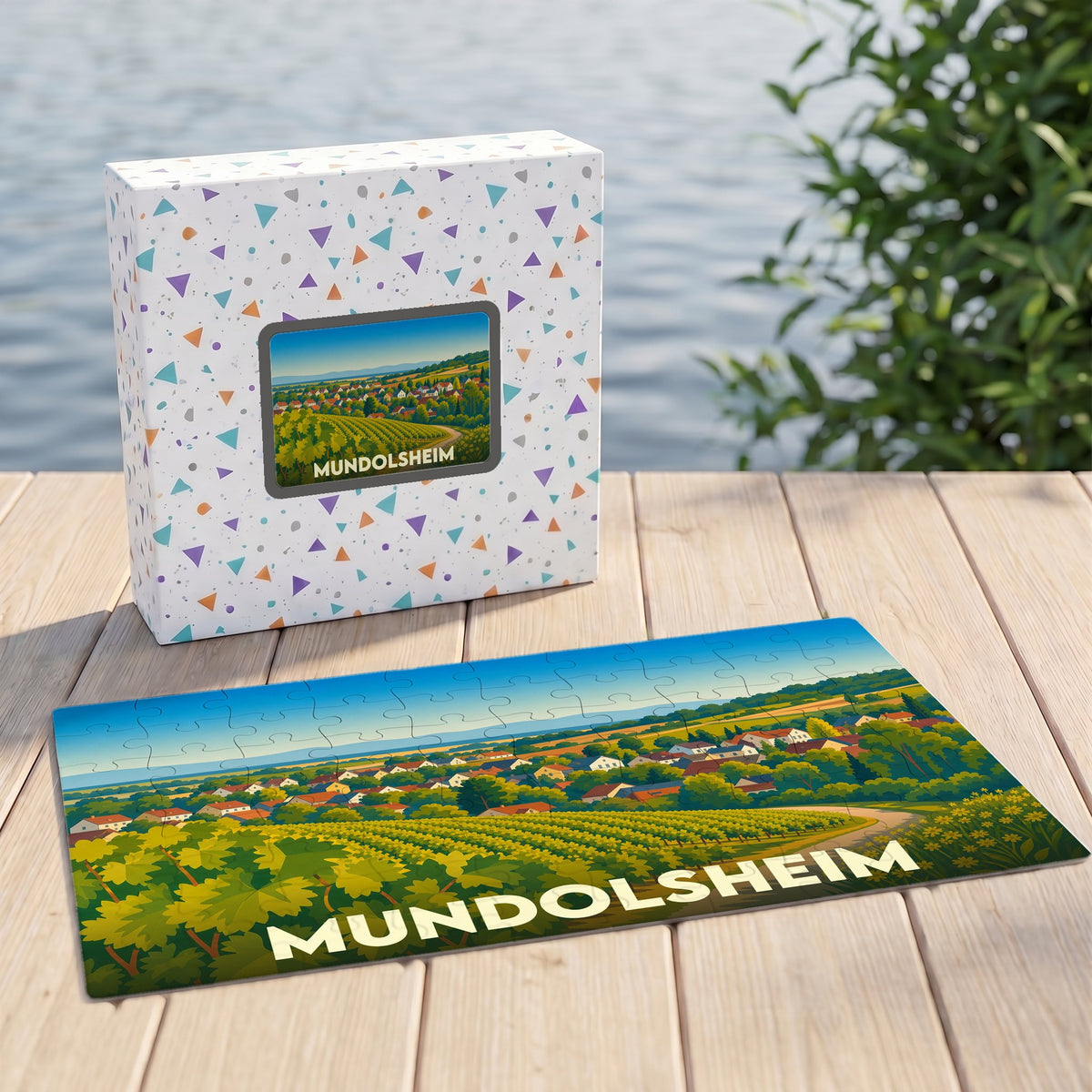 Puzzle souvenir de la ville de Mundolsheim avec une illustration stylisée de ses vignobles et de ses habitations.