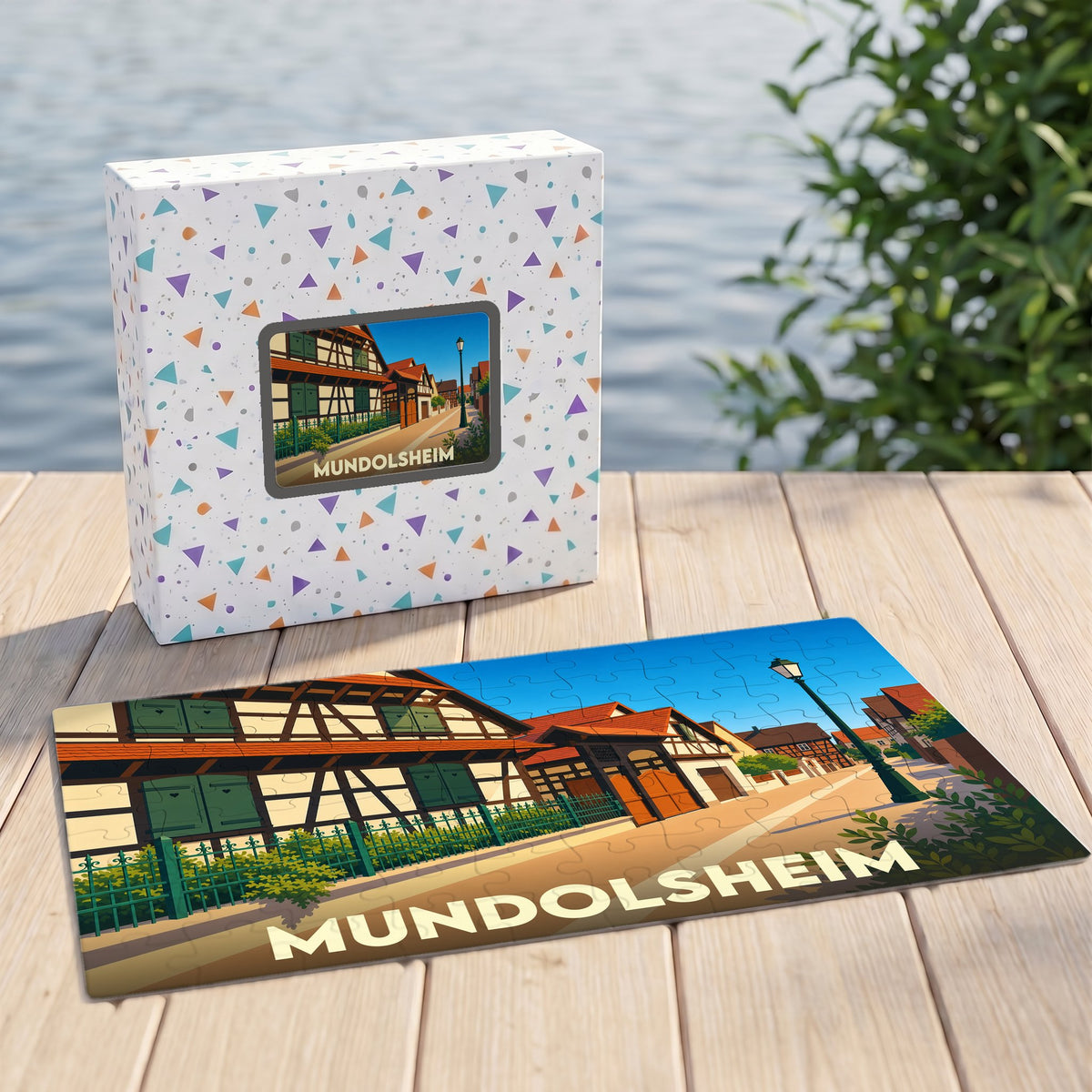 Puzzle souvenir de la ville de Mundolsheim avec une illustration stylisée de maisons à colombages.