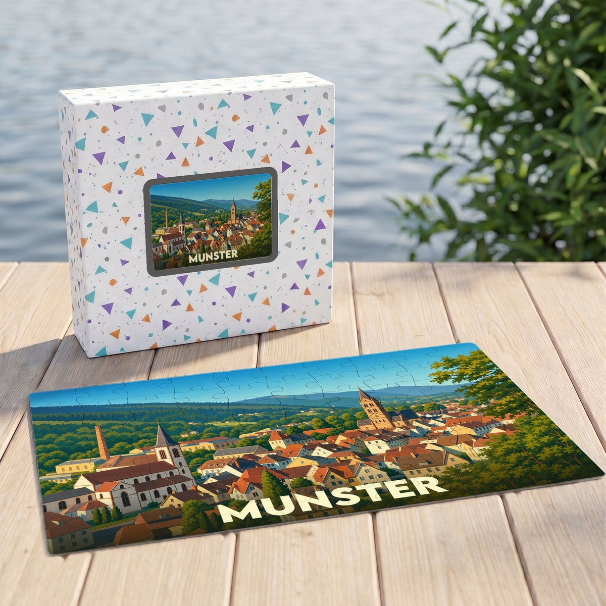 Puzzle souvenir de la ville de Munster avec une illustration panoramique colorée.