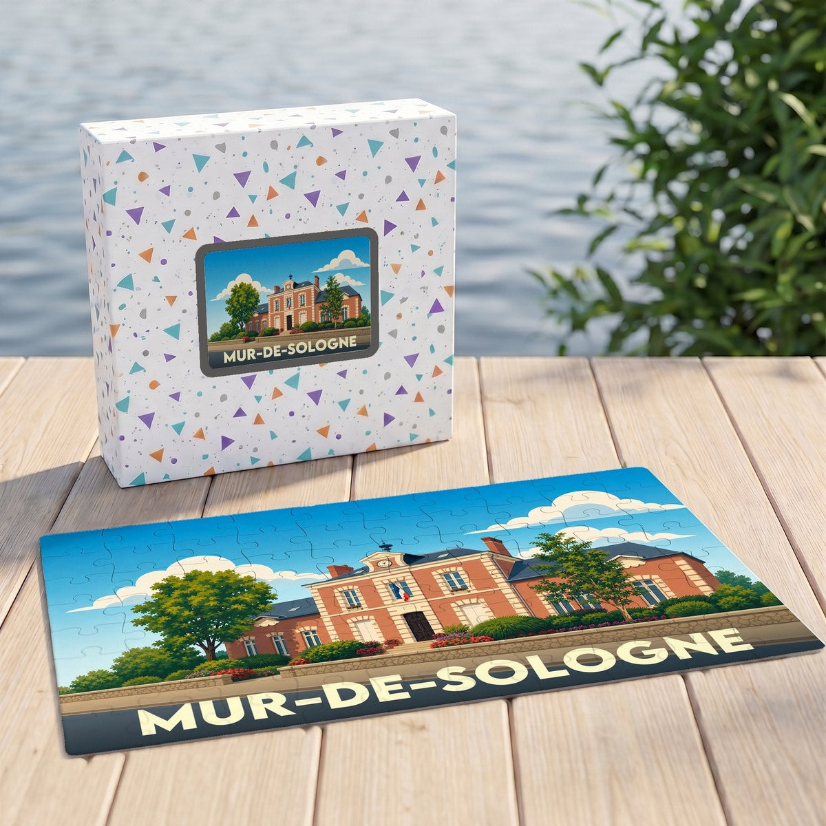 Puzzle souvenir de la ville de Mur-de-Sologne avec une illustration stylisée d'un bâtiment historique.