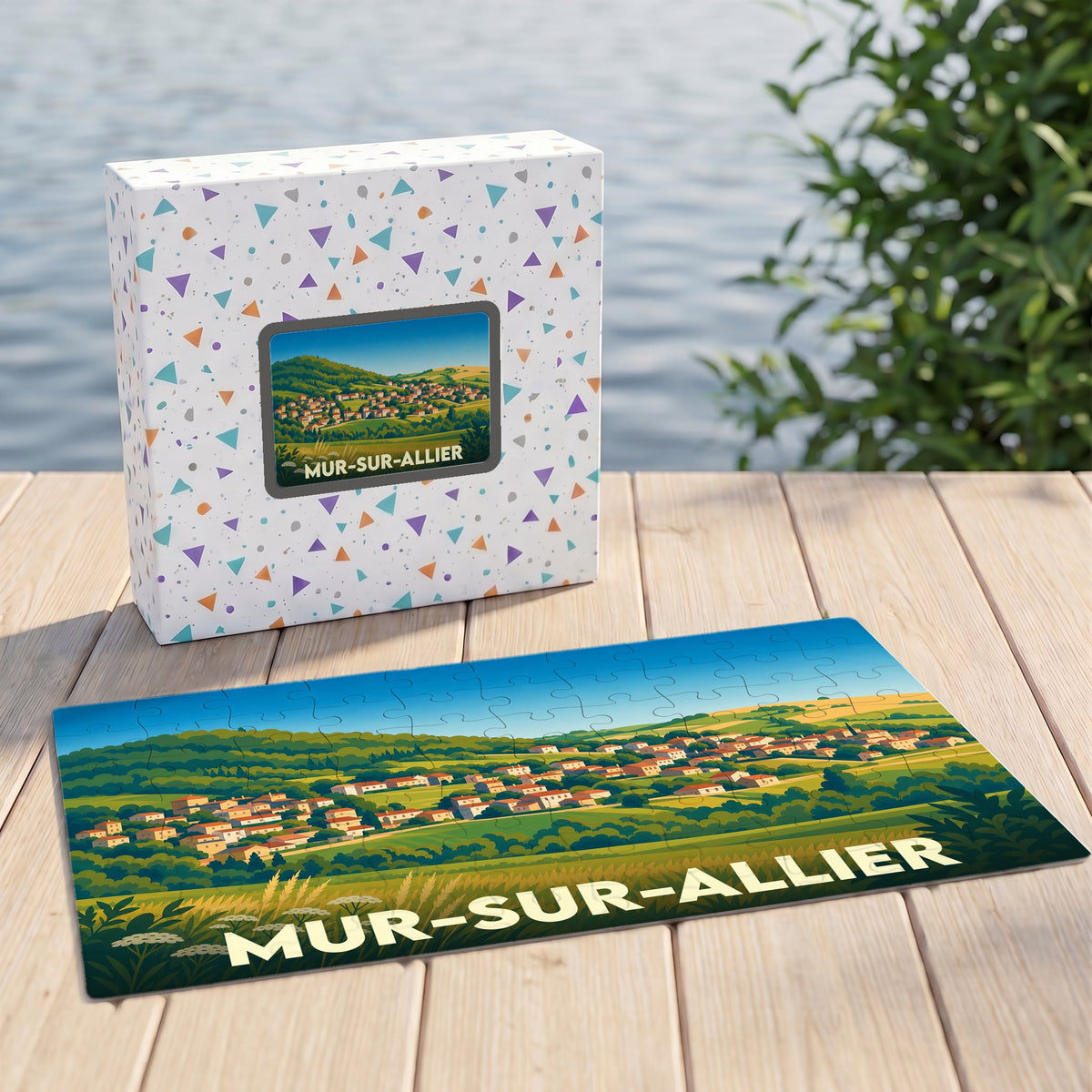 Puzzle souvenir de la commune de Mur-sur-Allier présentant une illustration paysagère stylisée.