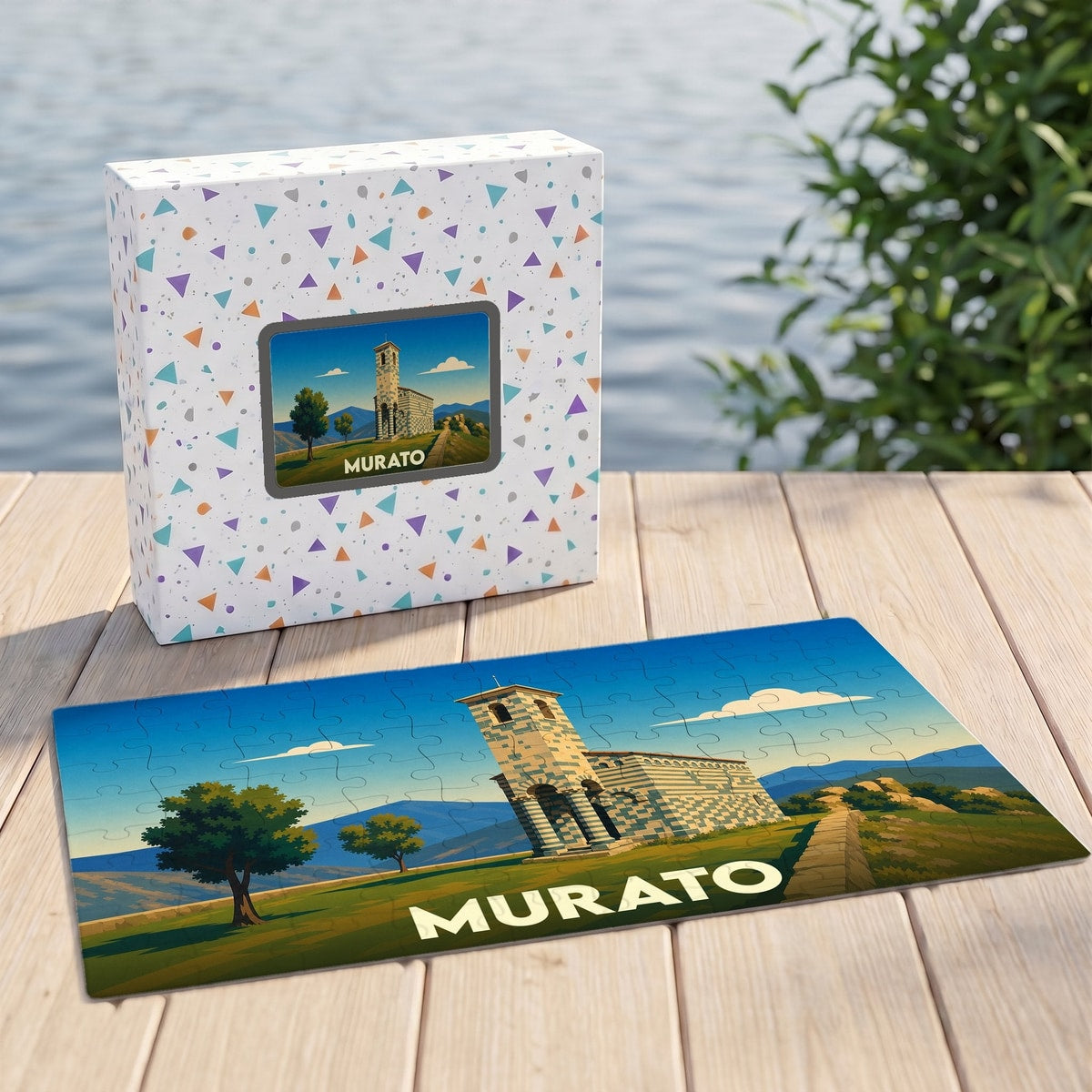 Puzzle souvenir de la ville de Murato avec une illustration stylisée de son église emblématique.