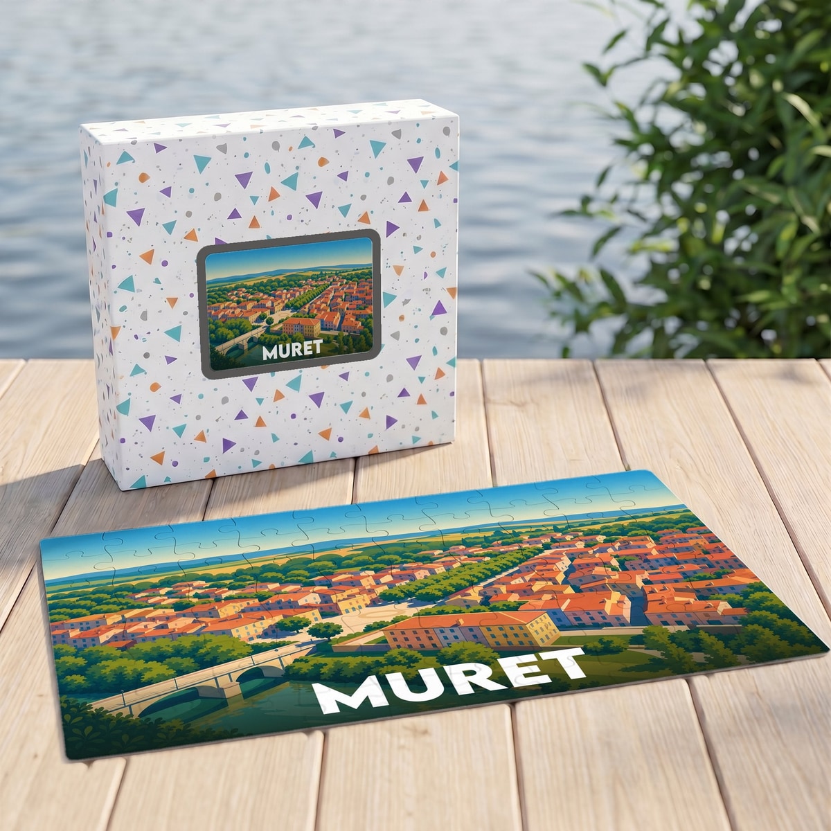 Puzzle souvenir de la ville de Muret avec une illustration panoramique stylisée sur sa boîte et en version assemblée.