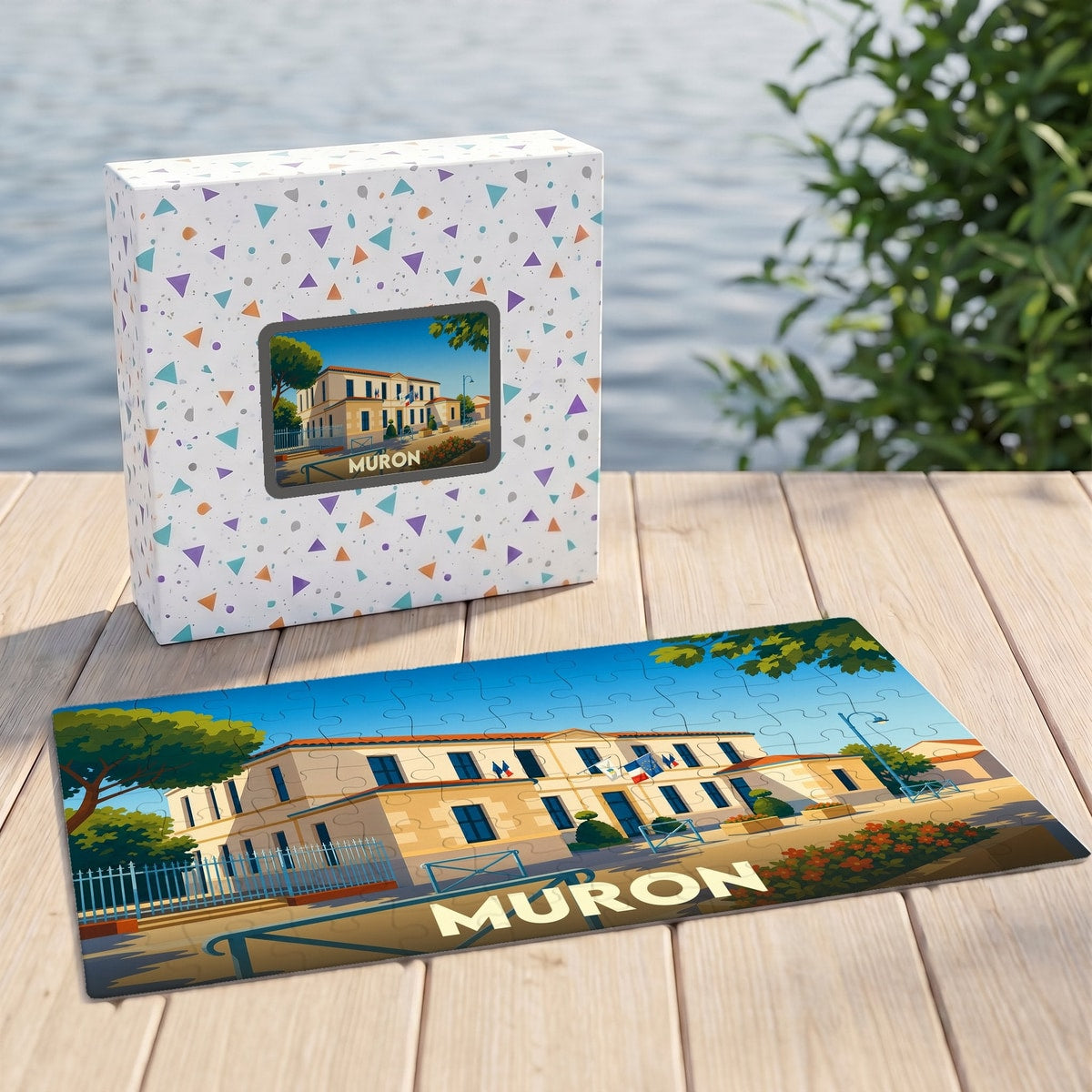Puzzle souvenir de la ville de Muron avec une illustration stylisée.
