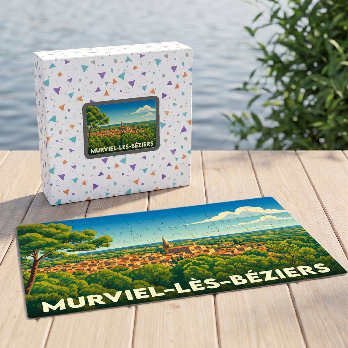 Puzzle souvenir de la ville de Murviel-lès-Béziers avec une illustration panoramique stylisée.