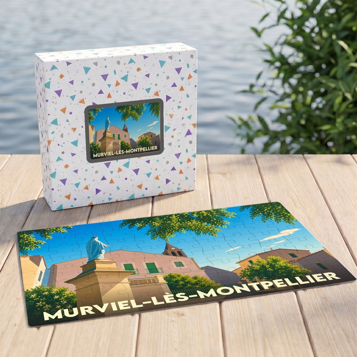 Puzzle souvenir de la ville de Murviel-lès-Montpellier avec son emballage et une illustration stylisée.