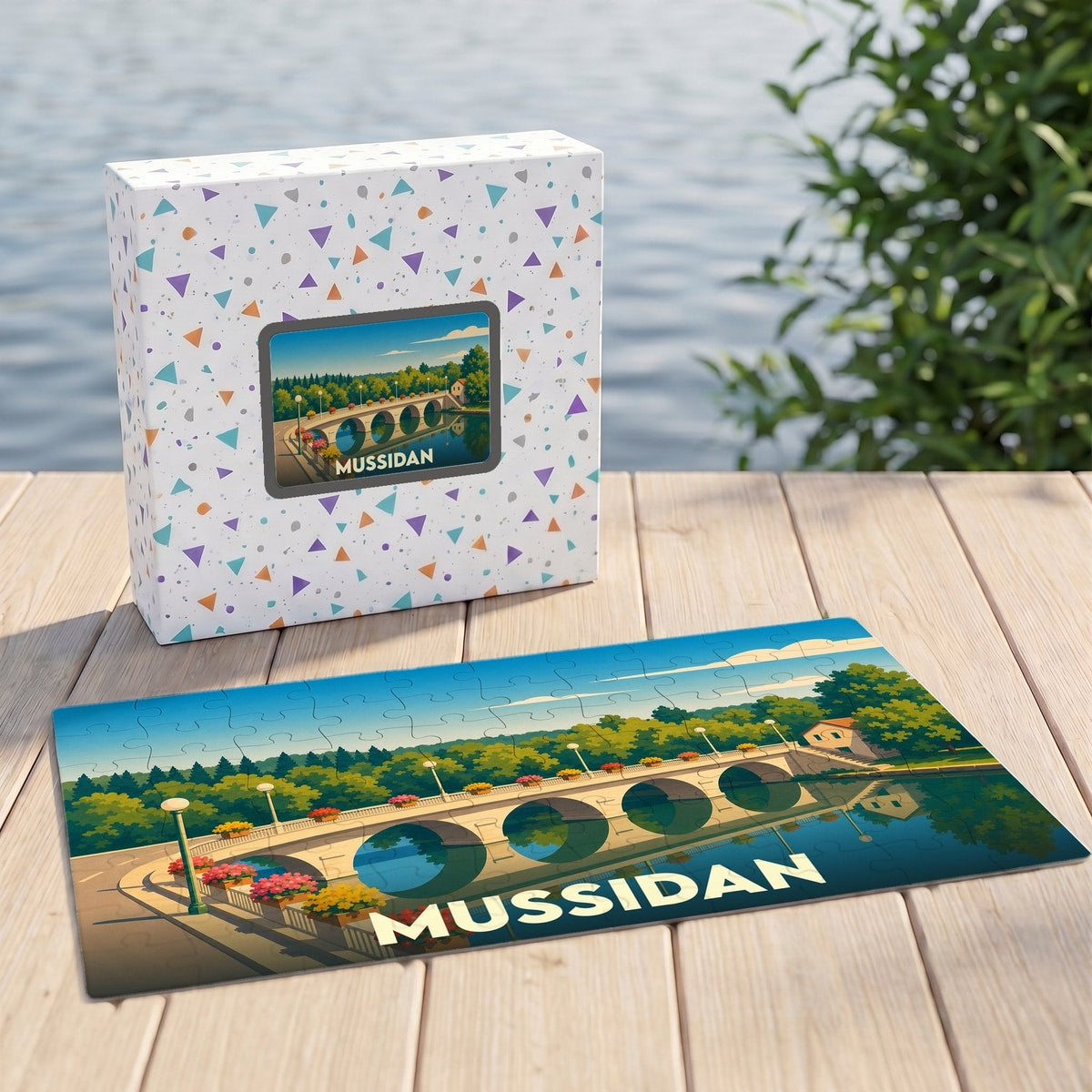Puzzle souvenir de la ville de Mussidan représentant une illustration stylisée de son pont.