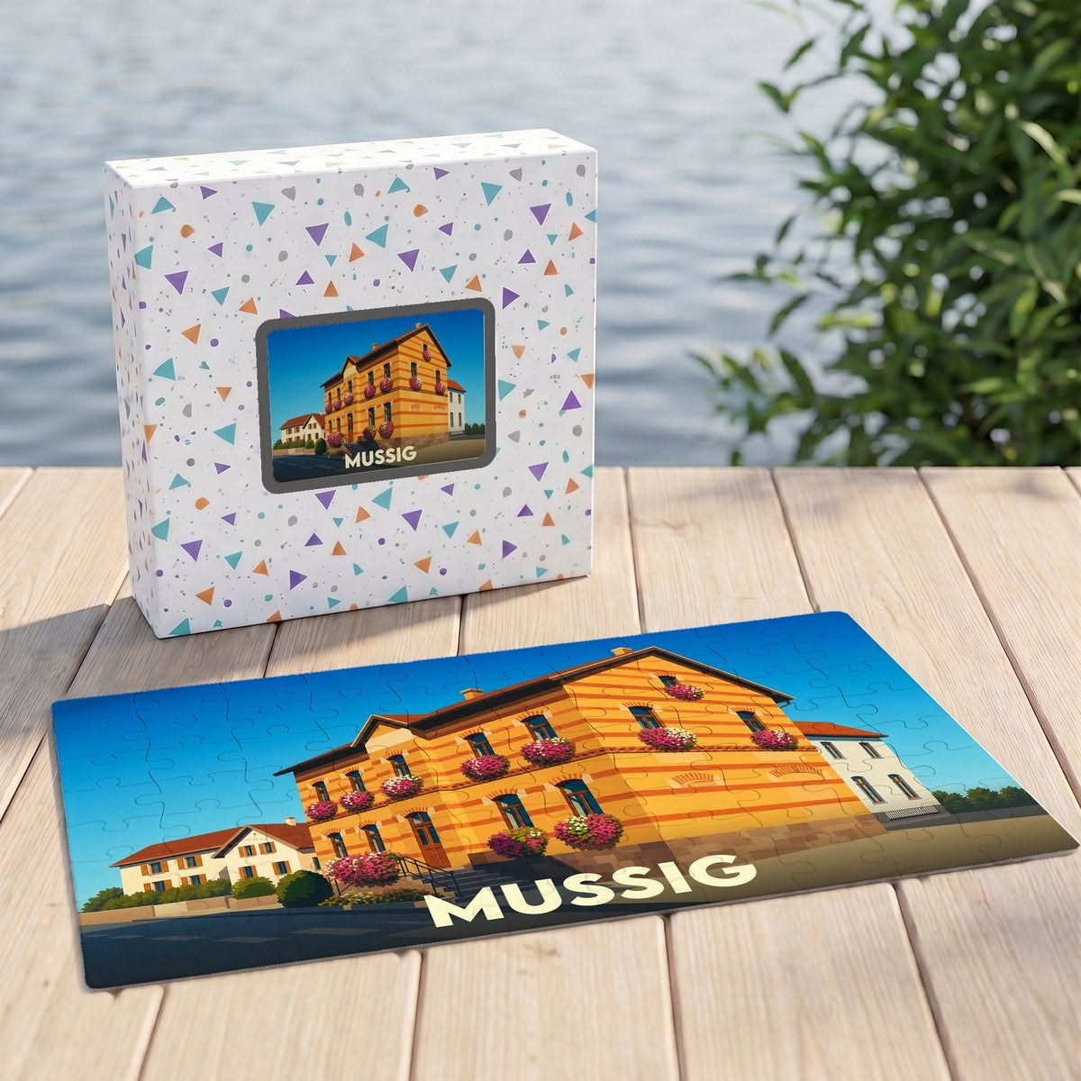 Puzzle souvenir de la ville de Mussig présentant une illustration stylisée d'un bâtiment traditionnel.