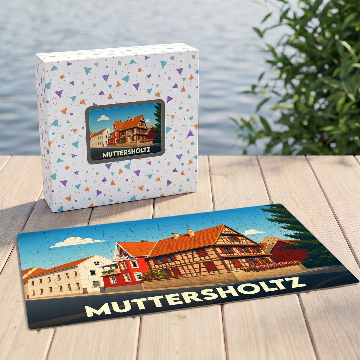 Puzzle souvenir de la ville de Muttersholtz avec une illustration stylisée de maisons à colombages alsaciennes.