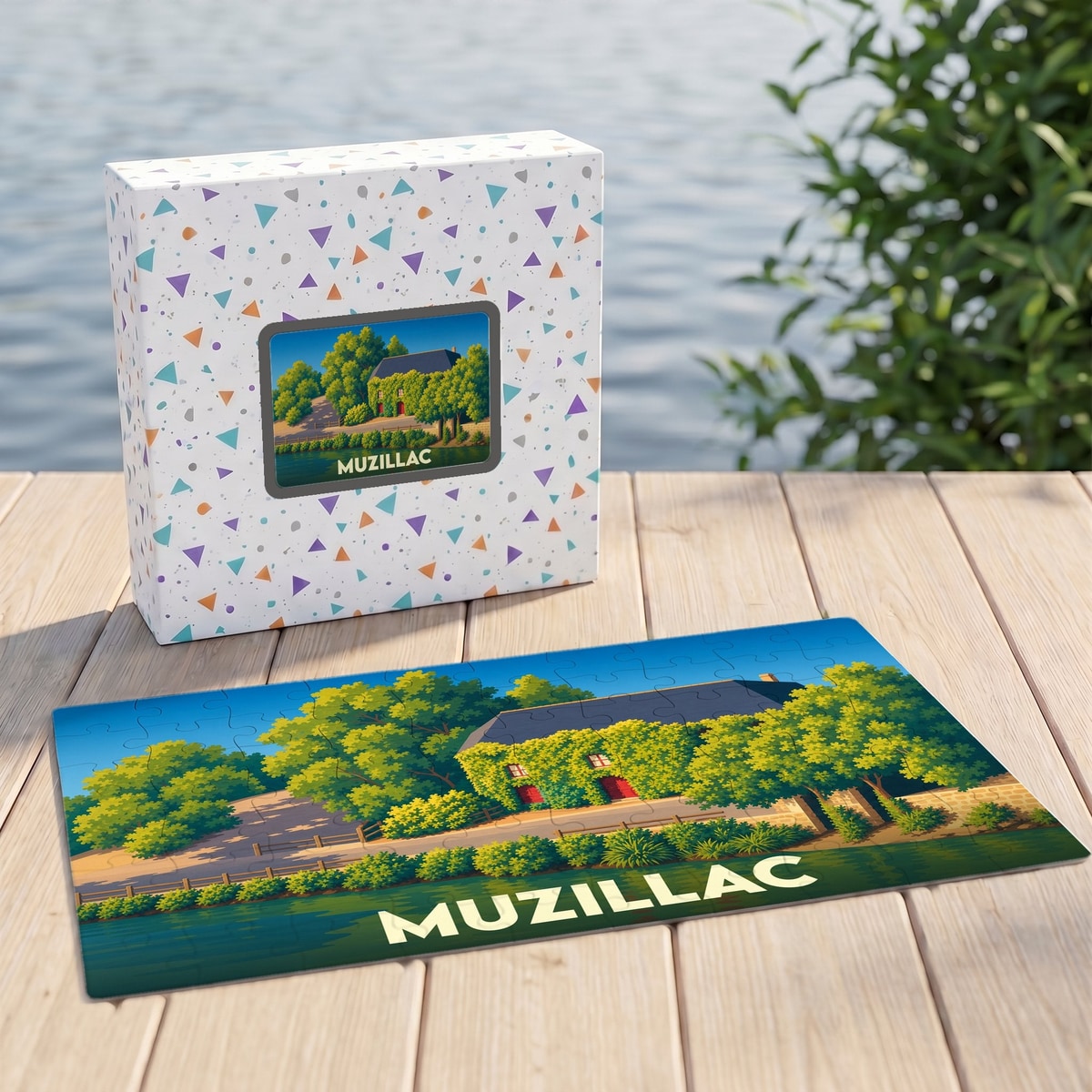 Puzzle souvenir de la ville de Muzillac illustrant une maison au bord de l'eau dans un style artistique coloré.