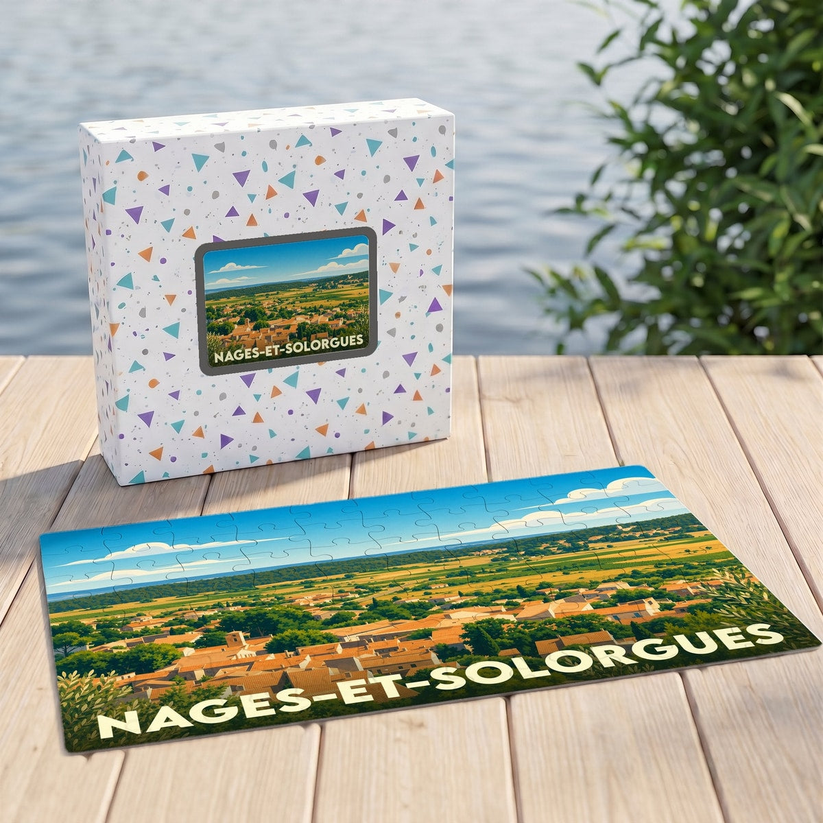Puzzle souvenir de la ville de Nages-et-Solorgues avec une illustration panoramique stylisée.