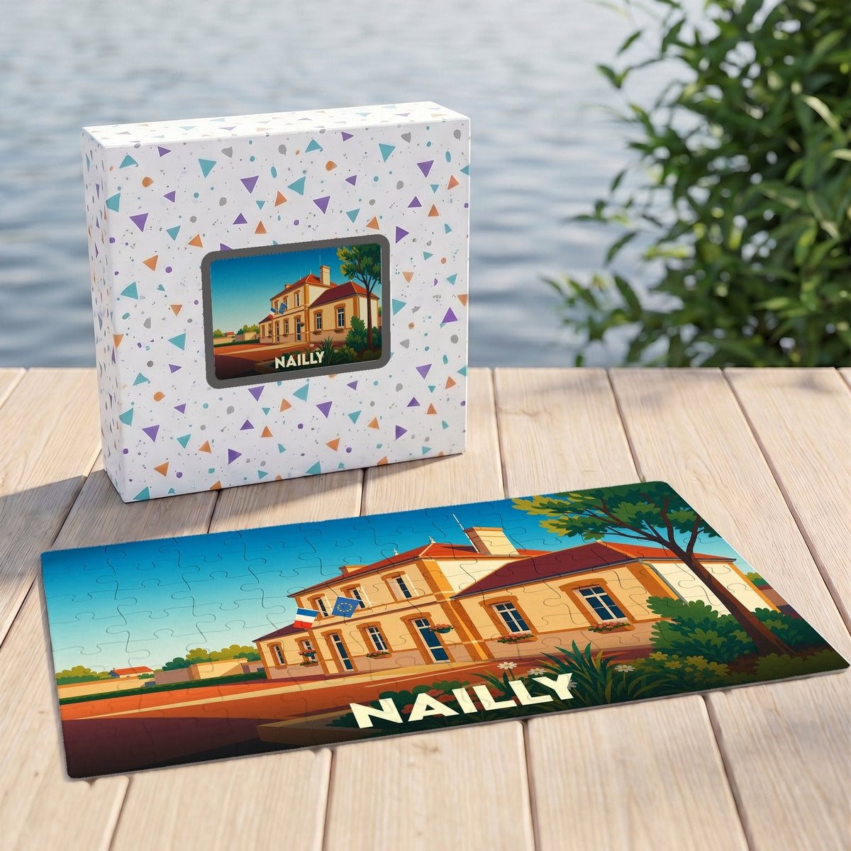 Puzzle souvenir de la ville de Nailly avec une illustration stylisée de sa mairie.