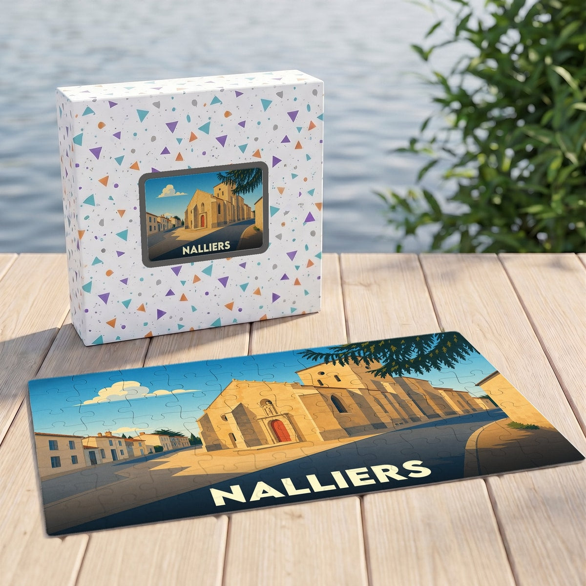 Puzzle souvenir de la ville de Nalliers avec une illustration stylisée d'un bâtiment historique.