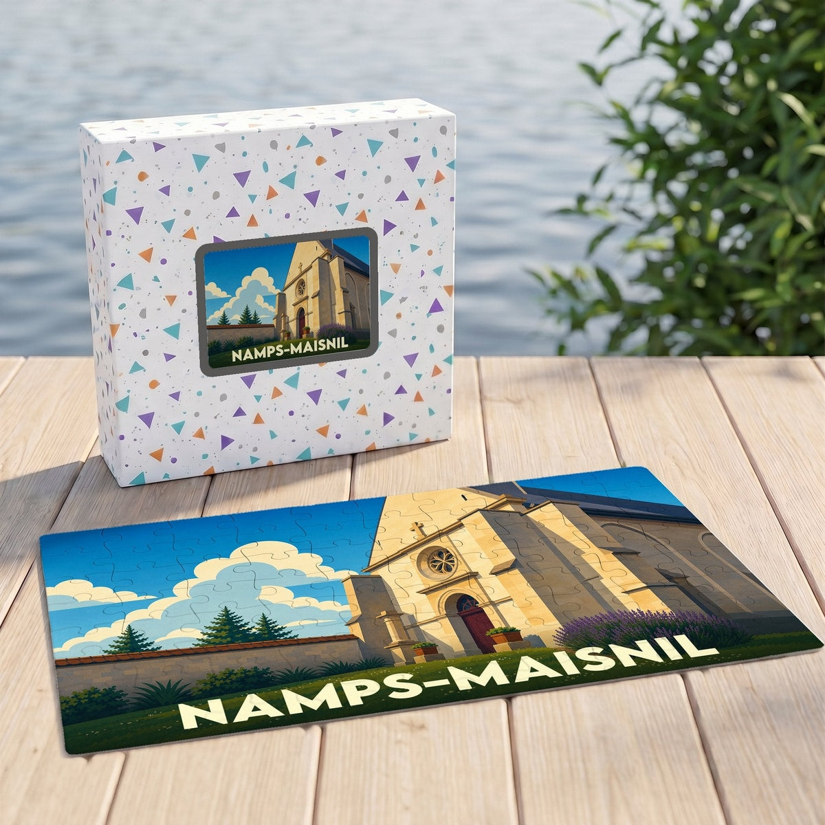 Puzzle souvenir de la ville de Namps-Maisnil avec une illustration stylisée de son église.