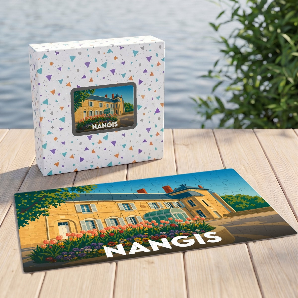 Puzzle souvenir de la ville de Nangis avec une illustration stylisée d'un château fleuri.