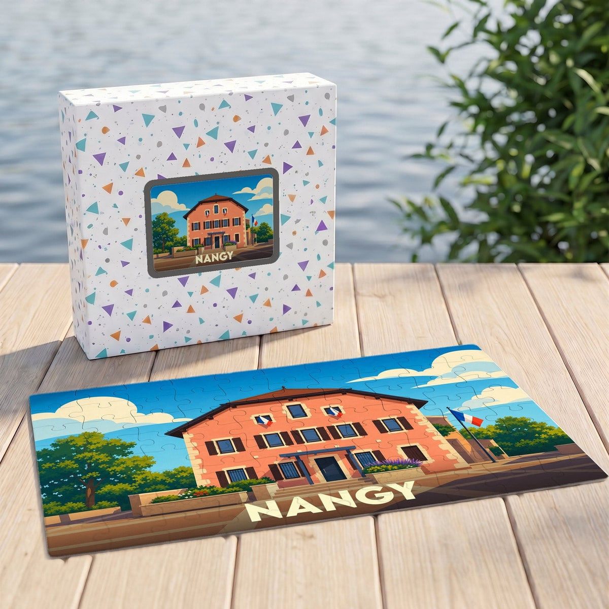 Puzzle souvenir de la ville de Nangy avec une illustration colorée et stylisée de sa mairie.