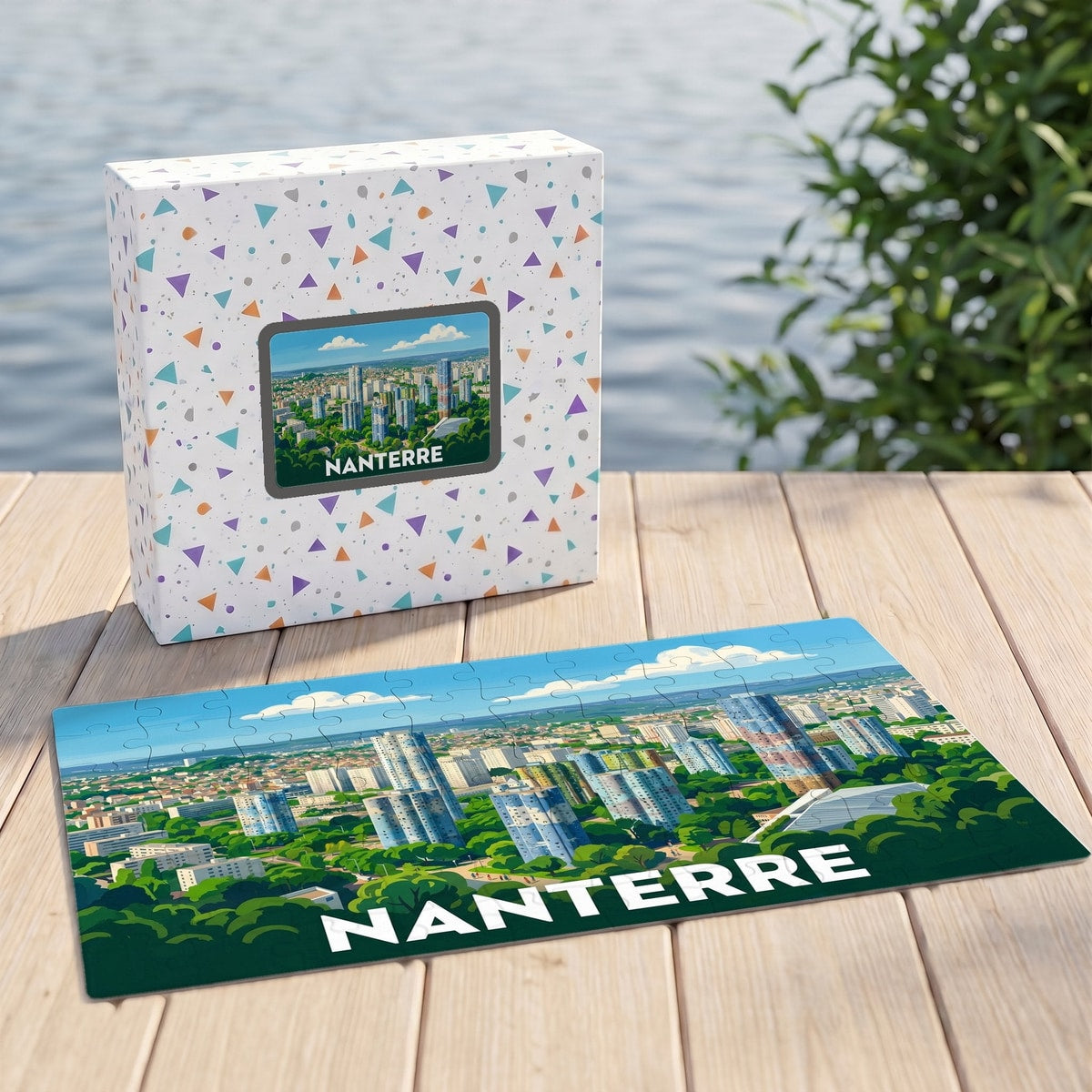 Puzzle souvenir de la ville de Nanterre avec une illustration stylisée de son paysage urbain.