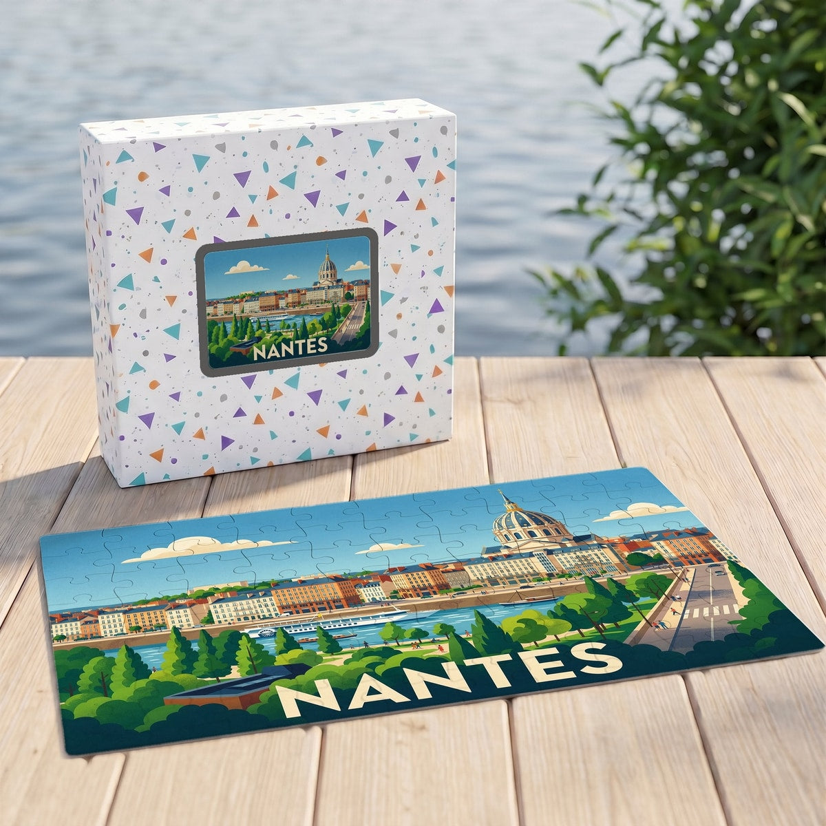 Puzzle souvenir de la ville de Nantes avec une illustration stylisée et sa boîte assortie.